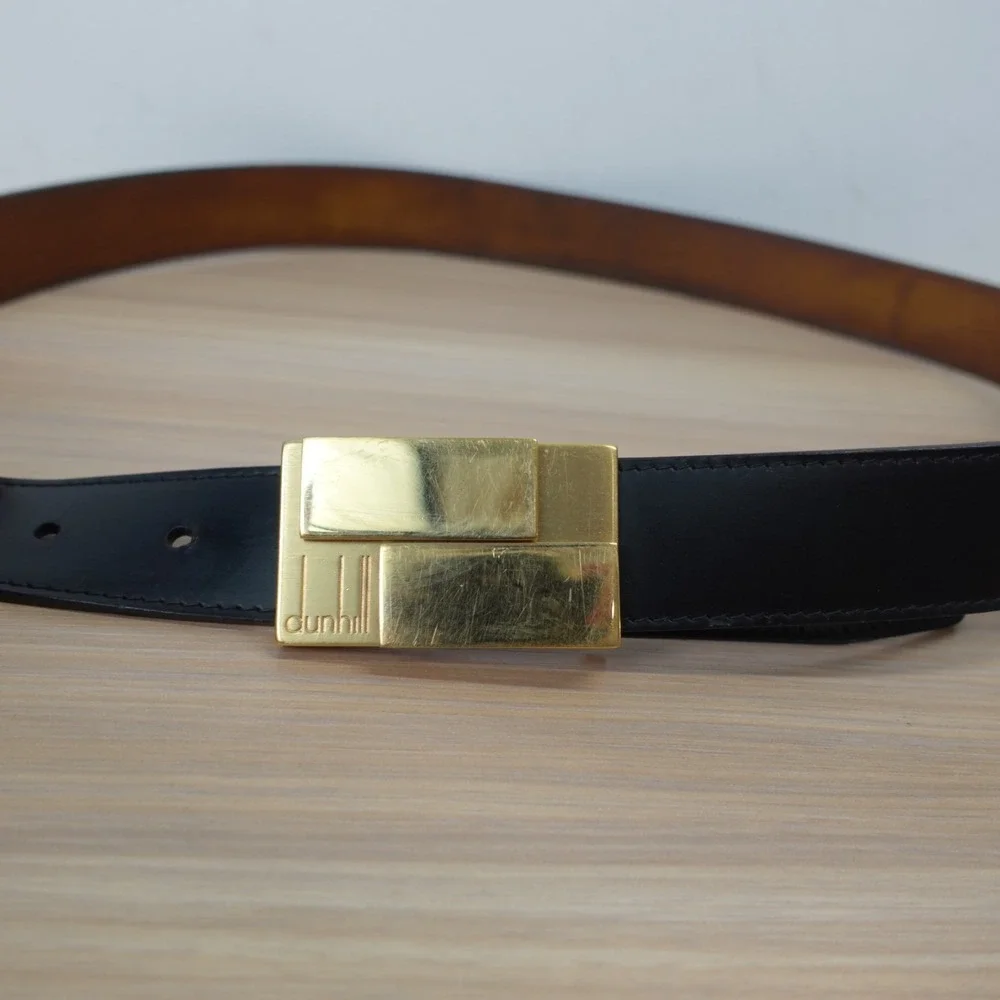 DUNHILL Black Leather Belt Mens 36 Genuine Cowhide Gold Plated Buckle SLIM